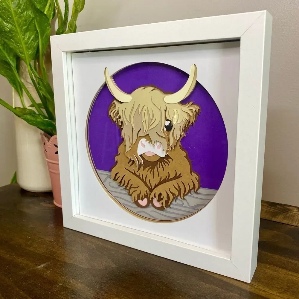 3D Purple Highland Cow On Log Shadowbox